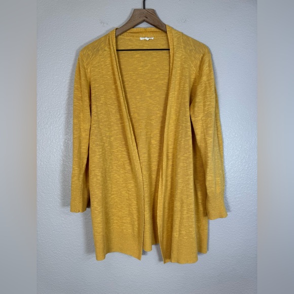 Eileen Fisher Marigold Yellow Linen Blend Open Front Cardigan Sweater sz Medium - Picture 1 of 6